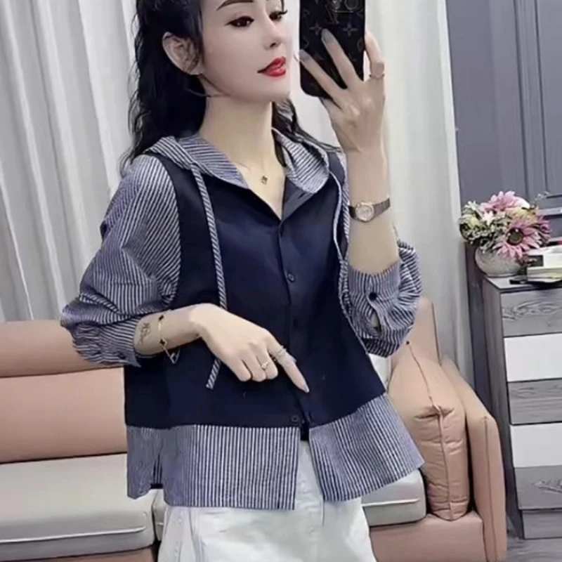 

Женская полосатая рубашка с однобортными пуговицами спереди, свободная посадка, повседневная офисная одежда, весенне-осенний стиль