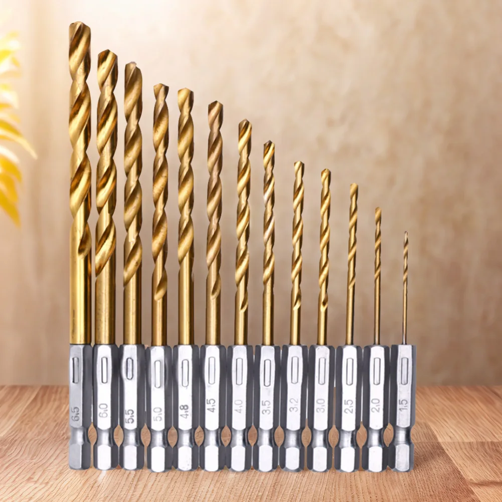 

13 PCS 1/4inch Hex Shank Drill Bits Titanium Coated HSS Twist Impact Drill Bit Set Quick Change Design Hex Shank Drilling Tools