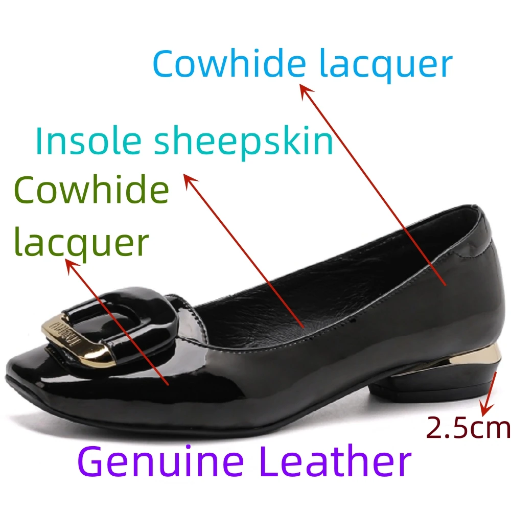 【JOCHEBED HU】Brand Genuine Leather Mid Heels Square Toe Office Lady Gorgeous European Designer Women Square Buckle Shallow 33-43