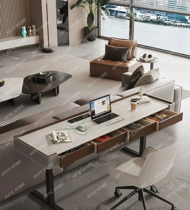 

LSmart Electric Lifting Rock Slab Desk Walnut Computer Desk Solid Wood With Drawers Bar Table