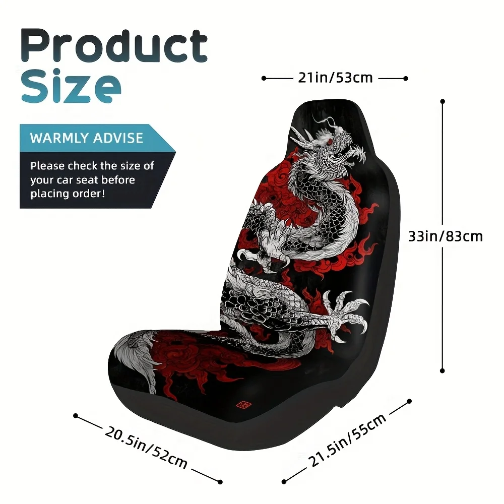 2pcs Dragon Fantasy Print Front Seat Covers - & Red Dragon Design, Durable Polyester, Easy To Install, Enhance Car Interior With