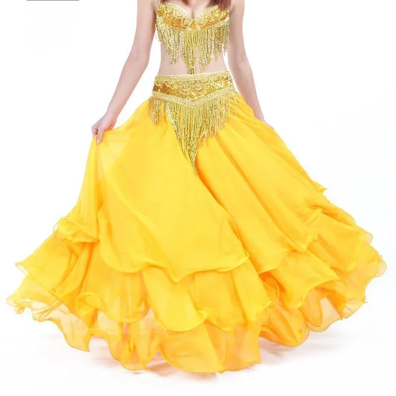 

Dancer's Three-layer Chiffon Curled Skirt Belly Dance Performance Suit Stage Performance Suit Skirt Spanish Skirt