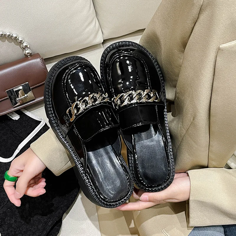 House Slippers Platform Female Shoes Square Heel Slides Fashion Loafers Med Cover Toe Women Heels 2024 Block Luxury High Slides