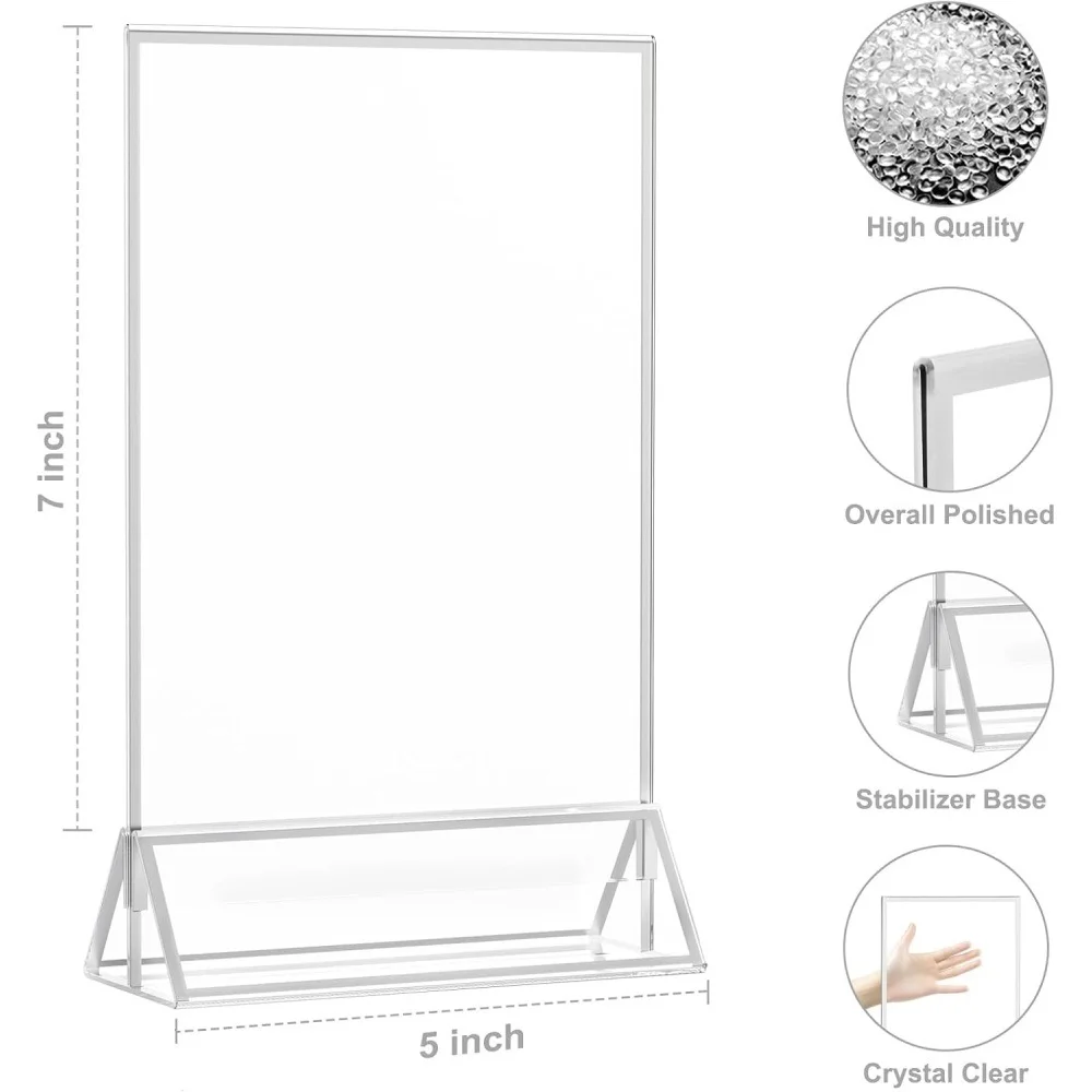 6 Pack Acrylic Sign Holder 5x7 Double Sided Silver Picture Frame Stand up Table Top Clear Display Stand for Menu Flyer Wedding P view 2