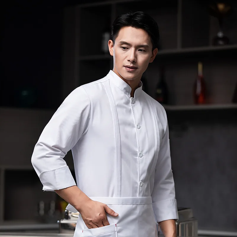 White Chef Overalls Men's Short Sleeve Chinese Style Hotel Restaurant Dining Kitchen Baking Chef Uniform Long Sleeve