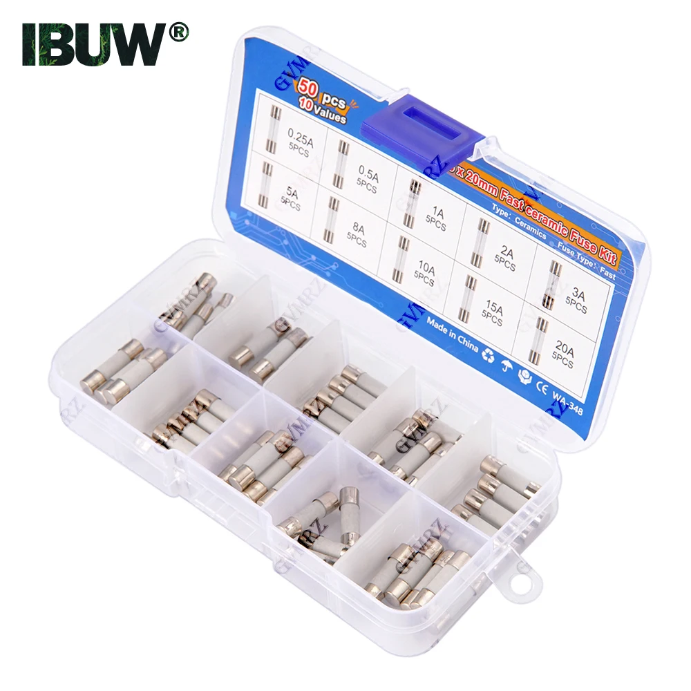 50pcs 5x20mm Ceramic Tube Fuse Assorted Kit Amp 0.25A 0.5A 1A 2A 3A 5A 8A 10A 15A 20A 250V with Storage Box