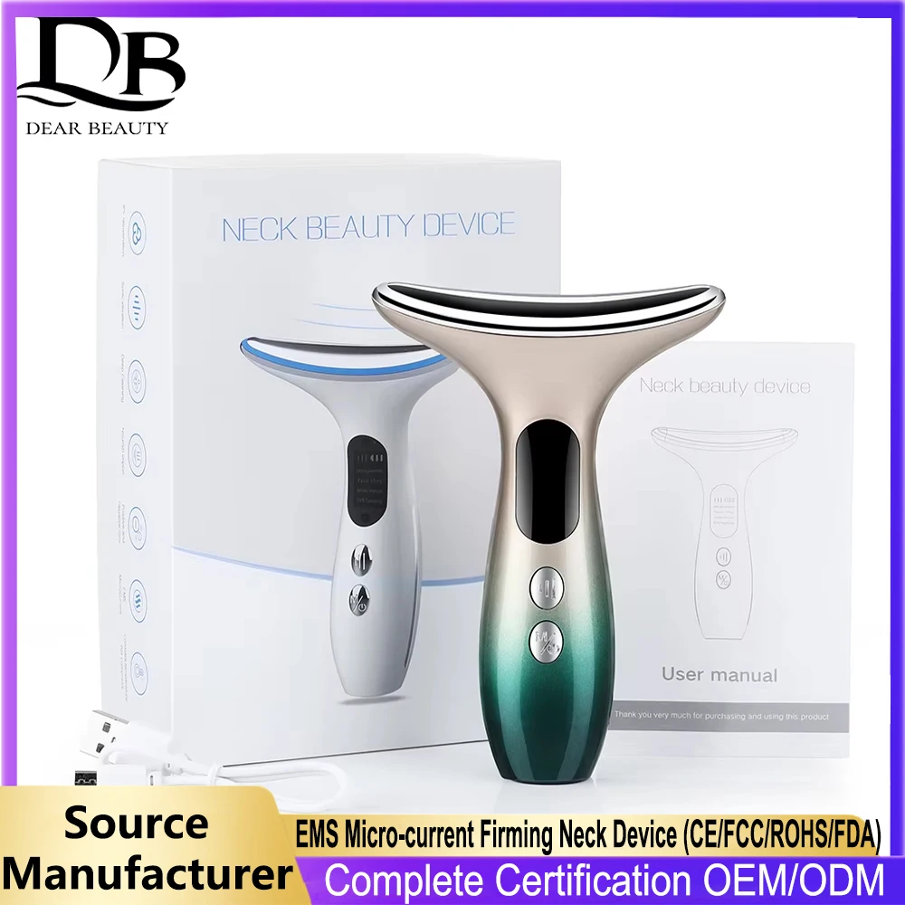 EMS Micro-current Three-color Light Firming Rejuvenating Neck Beauty Device Skin Ion Importer Facial Lifting Neck Lines Wrinkles