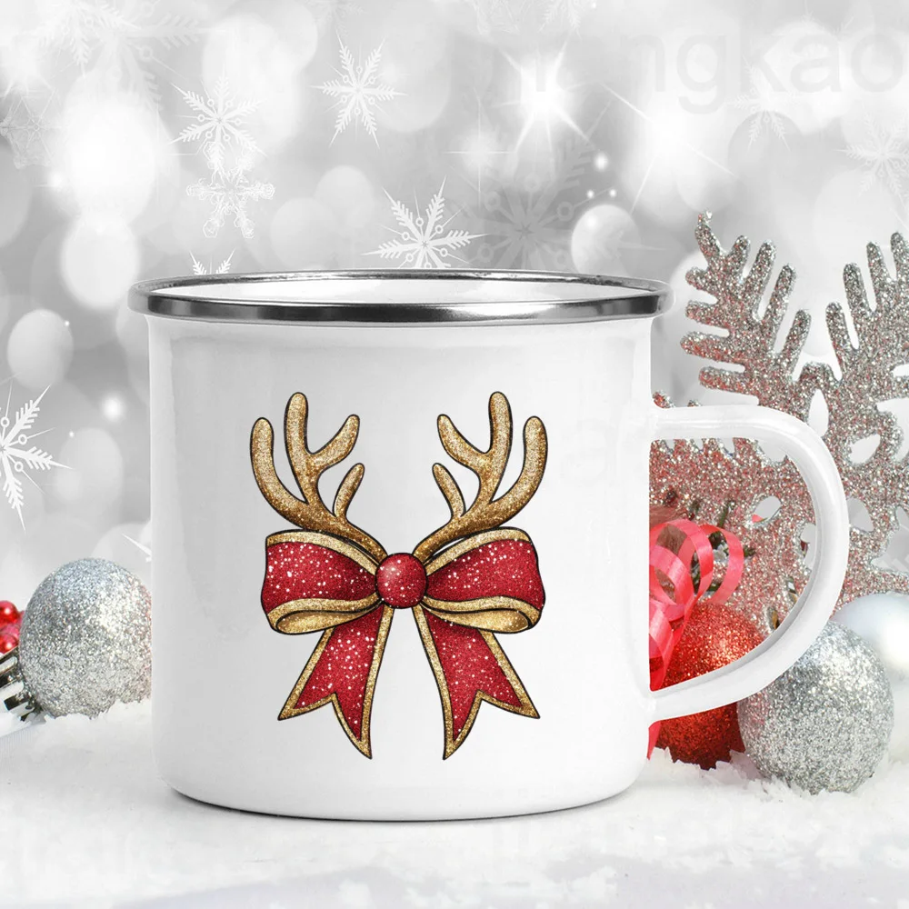Christmas Vibes Bow Printed Enamel Coffee Mugs Christmas Party Wine Beer Juice Drink Cups Home Kitchen Drinkware Gifts for Her