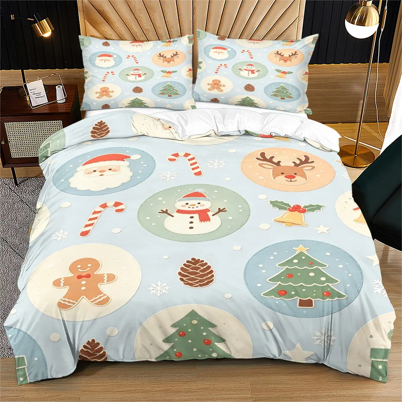 2/3Pcs Microfiber Duvet Cover Set,Ultra-Soft,Breathable,Skin-Friendly,Durable,Cartoon Christmas Wreaths Candles and Bows Print