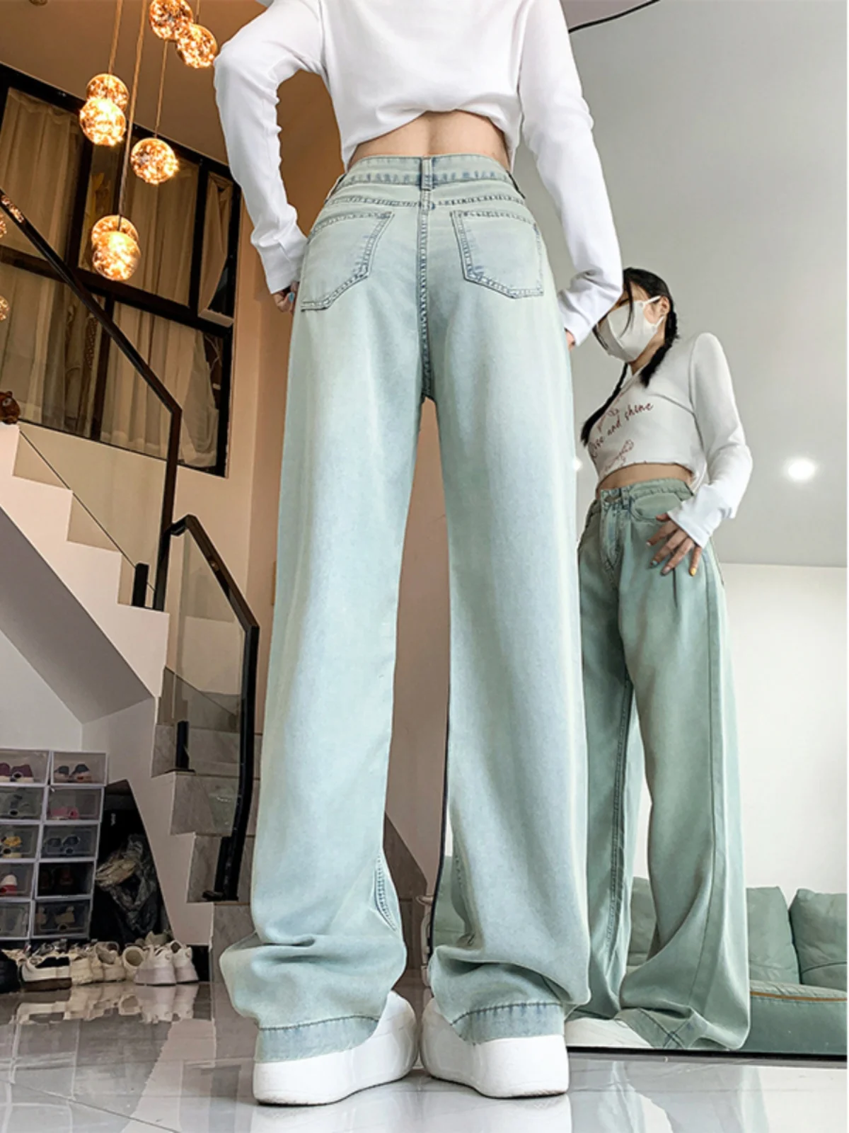 plus Size High Waist Loose Fit Denim Jeans Women's Autumn New Sle Pear ape Body Slimming Wide Leg Floor-Length Pants