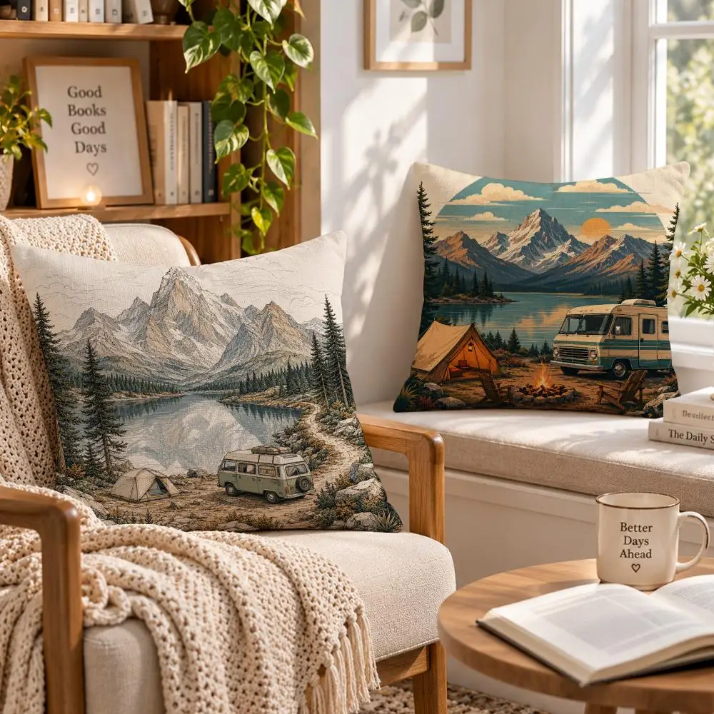 Decor Nature P-Peaceful Mountain Camping Cushion Cover Soft Short Cover Washable Sofa Bed Dorm Garden Home Office Chair Decor