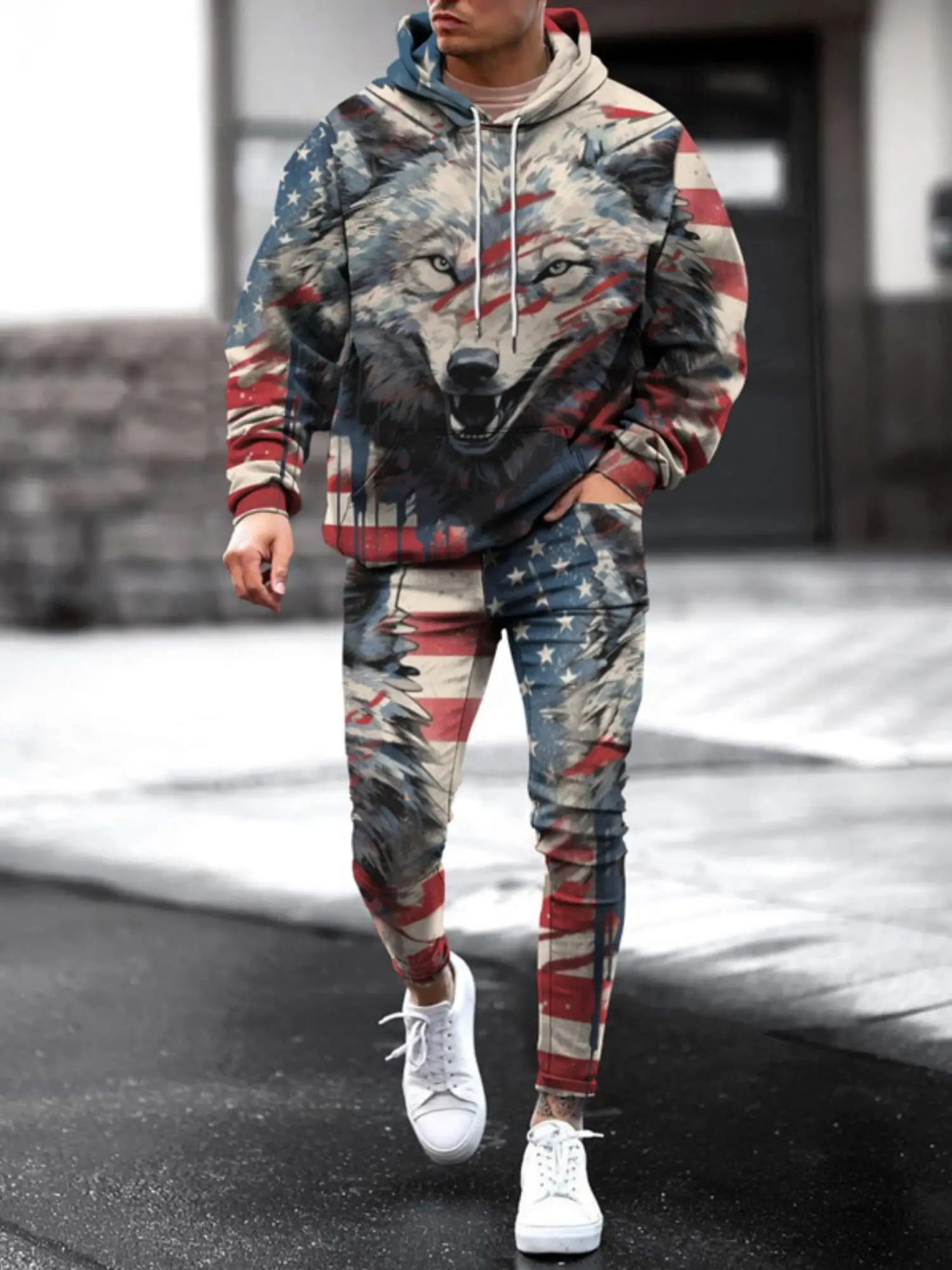 Men\'s 3d Printed Casual Flag Animal Hoodie Set Adult Two Piece Sportswear Sweatshirt Street Sweatpants Suit Men Women Universal