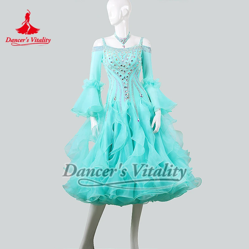 Estilos de remolque, tres colores para elegir, danza Social, lujosos vestidos modernos de competición con piedras AB con collar, personalizados de alta gama