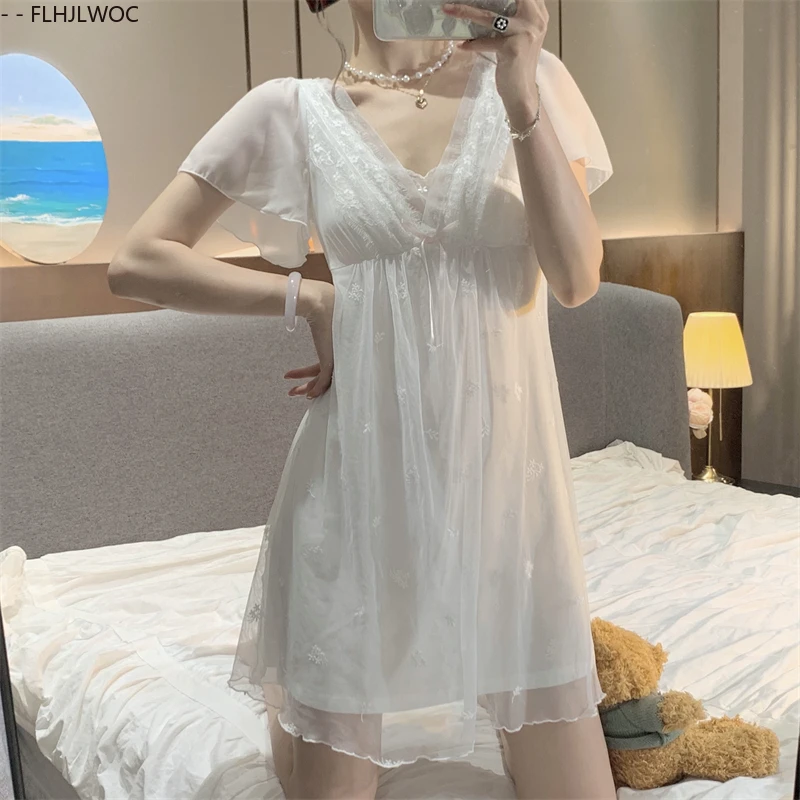 Princess Mini Dresses Women’s Lace Sleepwear Pajama Cute Nightgown with Built-in Bra Adjustable Spaghetti Strap Sleep Dress