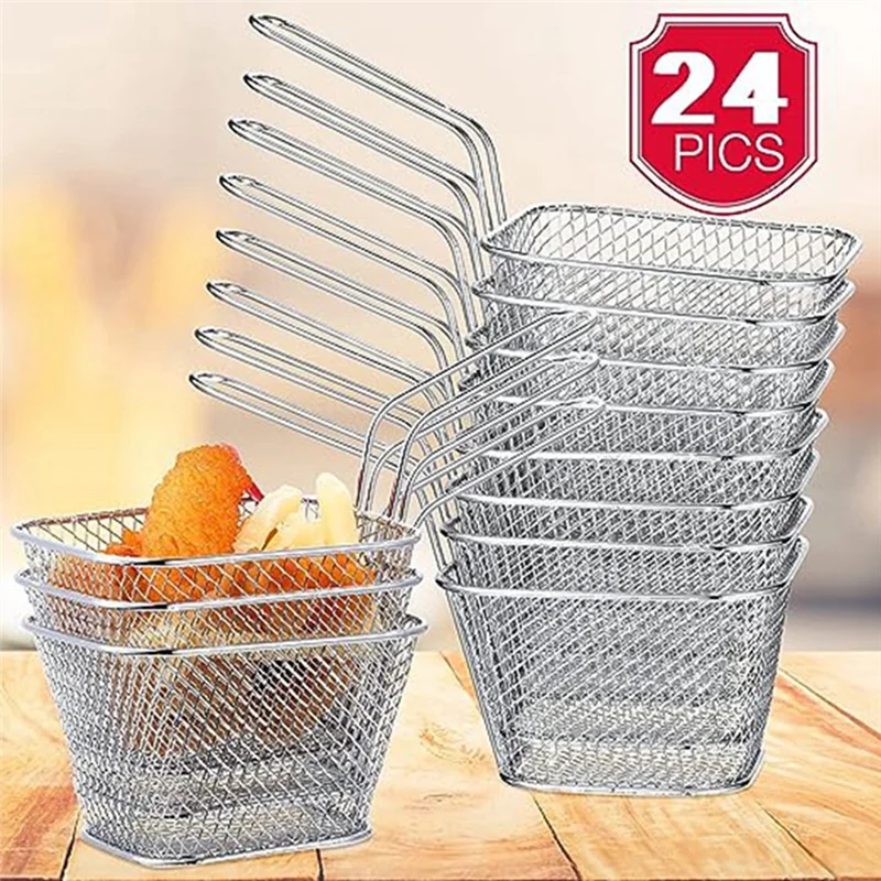 

A67M-24Pcs Mini Square Fry Basket Stainless Steel French Fry Holder Deep Fry Basket Mesh Food Basket With Handles