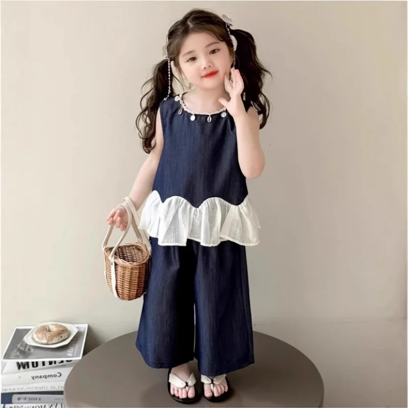 

Girls' summer outfit2026New style big kids' denim two-piece set, stylish summer children's vest and wide-leg pants