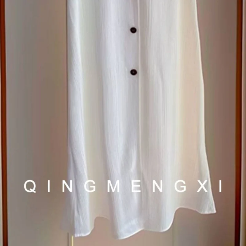 夏春白 V ネックドレス女性韓国ファッションフライングスリーブシングルブレストストレート Vestidos ルーズカジュアルミディドレス