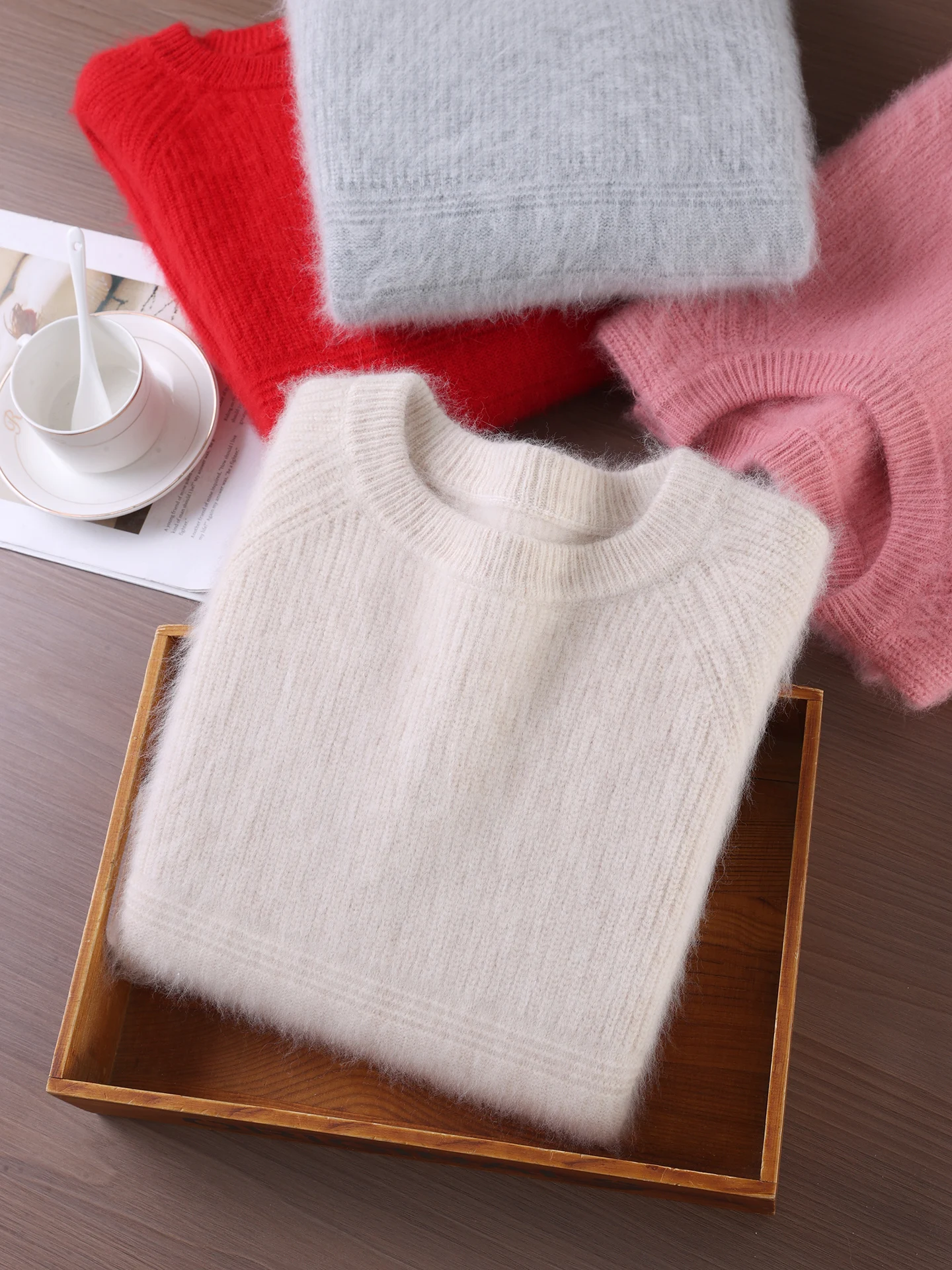 

TLOML Women's 100% Mink Cashmere Sweater O-neck Raglan Sleeve Pullover Autumn Winter Solid Thick Cashmere Knitwear Soft Warm Top