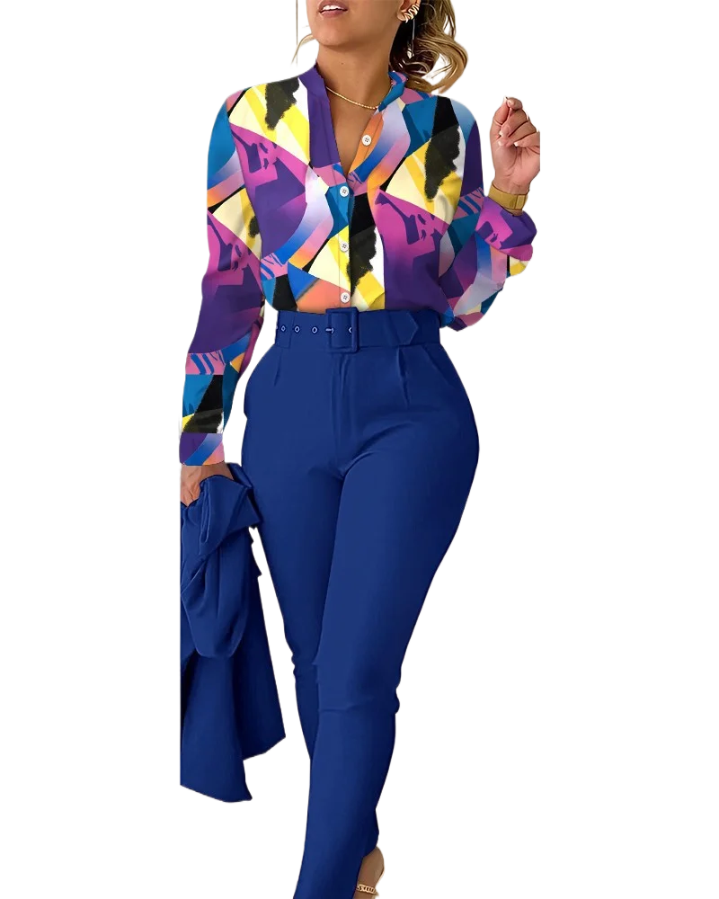 

Elegant Long Sleeve Shirt Pants Set Office Lady Fashion Casual V Neck Floral Print Trousers Two Piece Set Women Outfit 2023