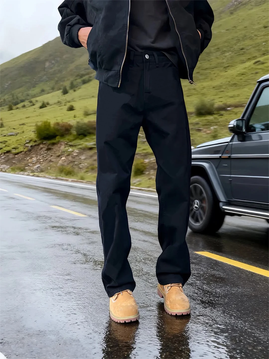 

Bla Fce Lined Straight Leg Men's Jeans Vibe Bell Bot Warm Long Leg Effect American High Street Winter Casual Trousers