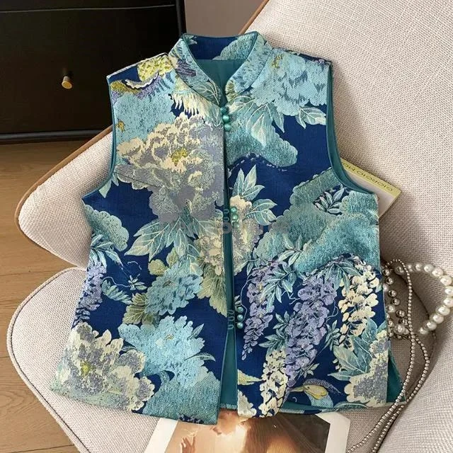 

2025 exquisite embroideried jacquard chinese vest retro literature art elegant cardigan vintage temperament weaving gold vest