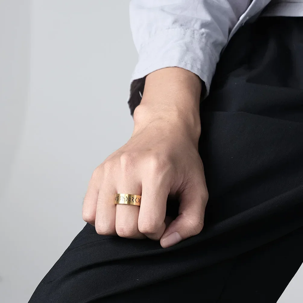 Vintage Stainless Steel Minimalist Viking Runes Ring Men\'s Punk Cool Black Gold Color Band Rings Dropshipping