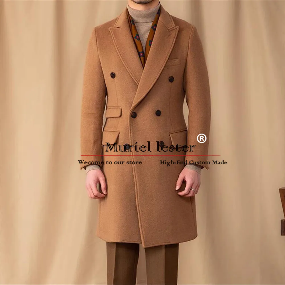 

Tweed Wool Blend Men's Suit Jackets Double Breasted Overcoat Long Brown Business Man Trench Coat Tailored Groom Tuxedos Outwear