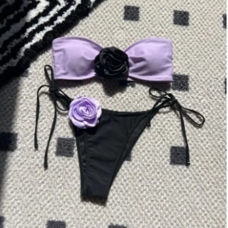 

2024 Women's 2 Piece Swimsuits Floral Appliques Halter Tie Side Triangle Thong Bikini Sets Bathing Suit