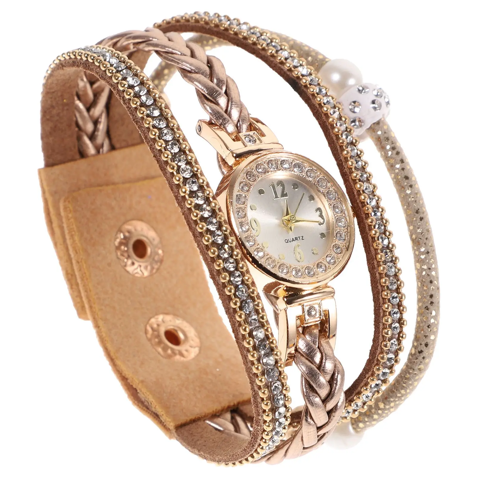 

Fashion Diamond-set Quartz Watch Women Daily Wear Beige Multi-layer Weave Bracelet Watches for Valentine Christmas Gifts