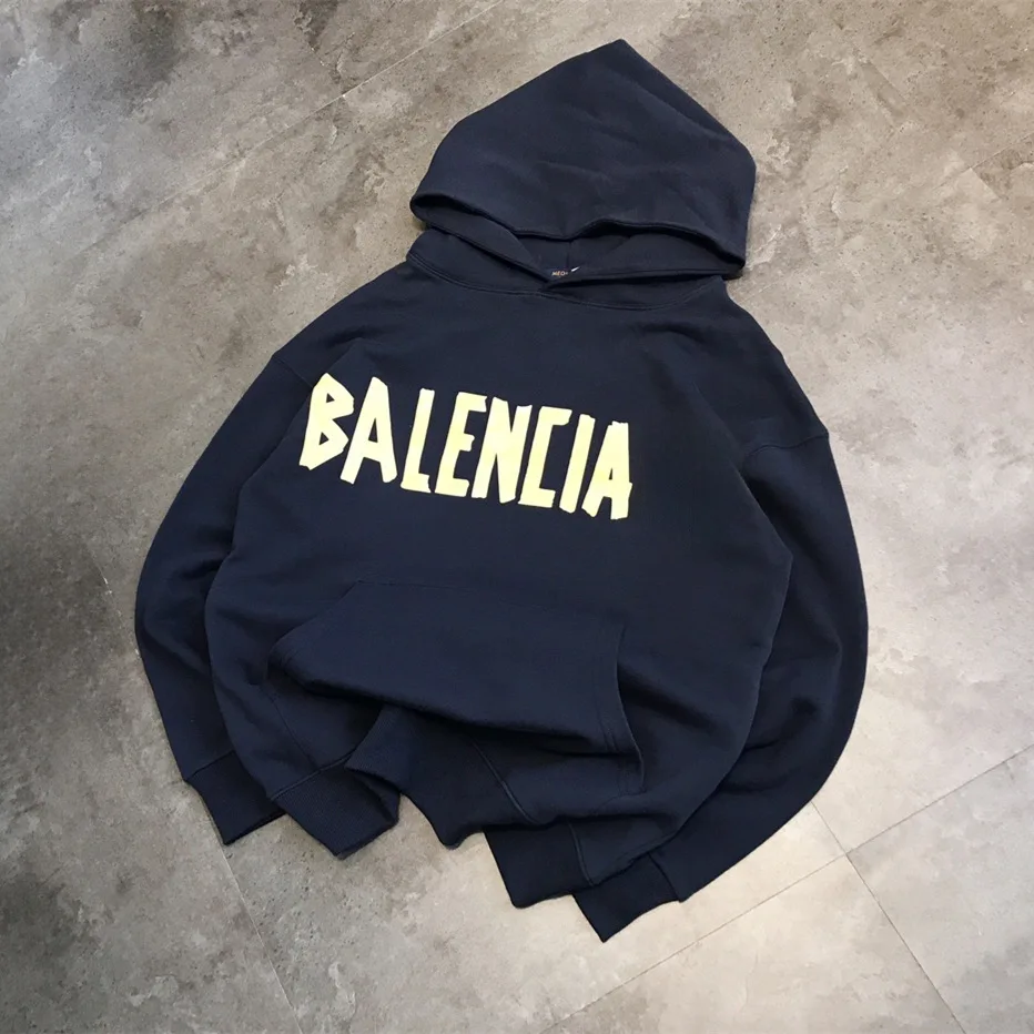 

25 Spring Men's and Women's Same BB Washed Navy Blue Tape Letter Hooded Loose Long Sleeve Top Sweatshirt