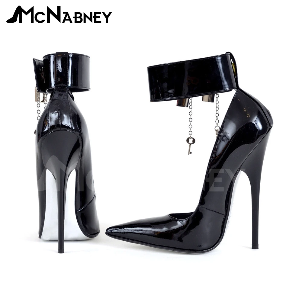 Metal Key Lock Sexy Pumps Ankle Belt Buckle Stiletto Shoes Pointed Toe Black Patent Leather High Heels Punk Style Sexy High Heel