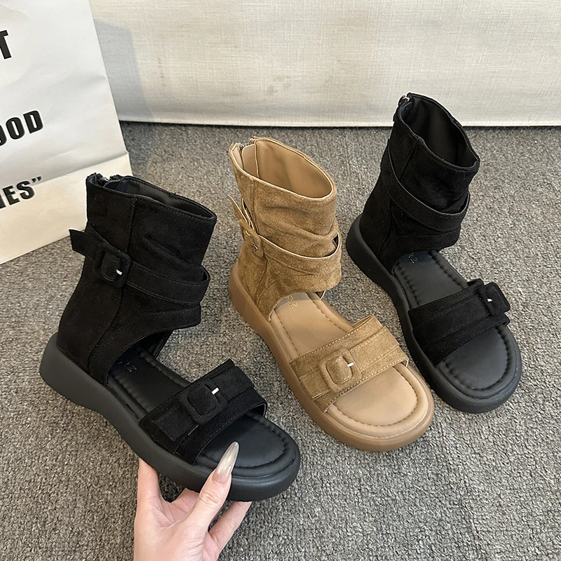 

New Women Ladies Open Toe Buckle Ankle Bootie Chunky Thick Sole Suede Back Zipper Casual Summer Platform Gladiator Sandals Shoes