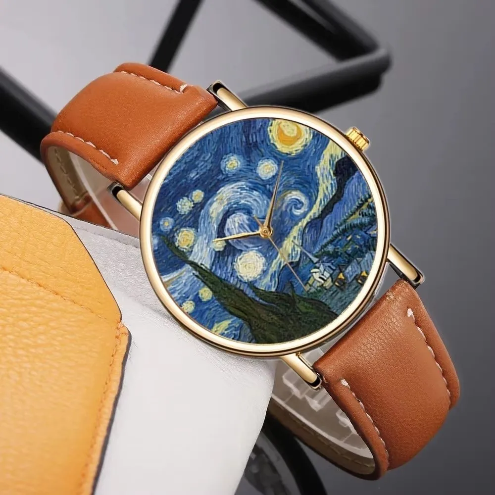 Casual Womens Quartz Watches Impressionist Art Leather Belt Draw Painting Watches Charm Watch Wristwatch Clock Elegant Ladies