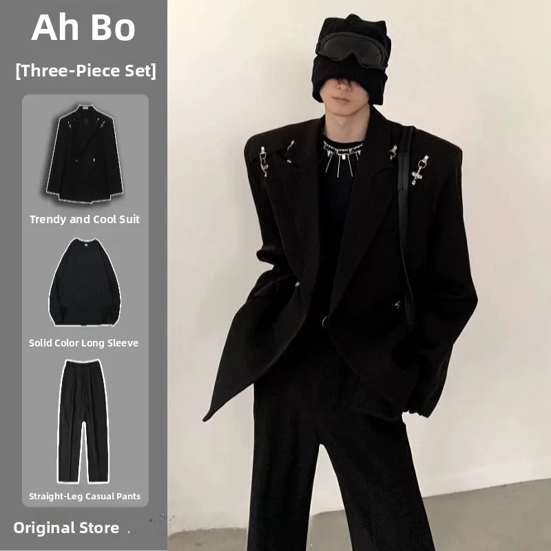 

Men's White Metal Design Suit Jaet Bla oulder Pads Casual High-End Feelings Spring Autumn Wear Polyester Fiber