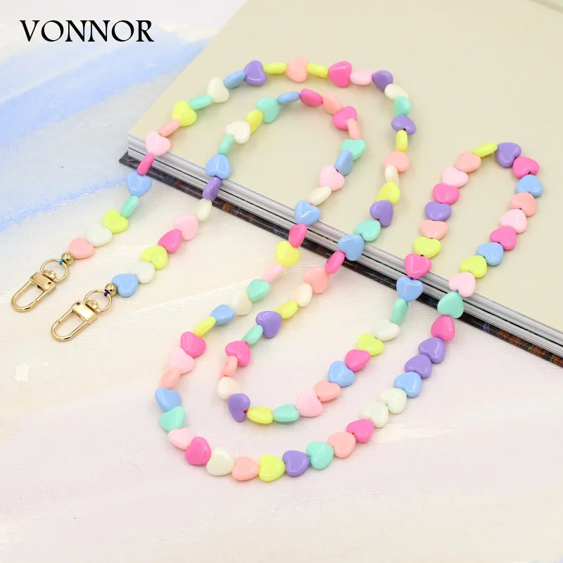 120cm Long Chain Colorful Lovely Heart Charm Mobile Phone Chain Imitation Pearl Bag Accessories Chain Lanyard Women Jewelry Gift