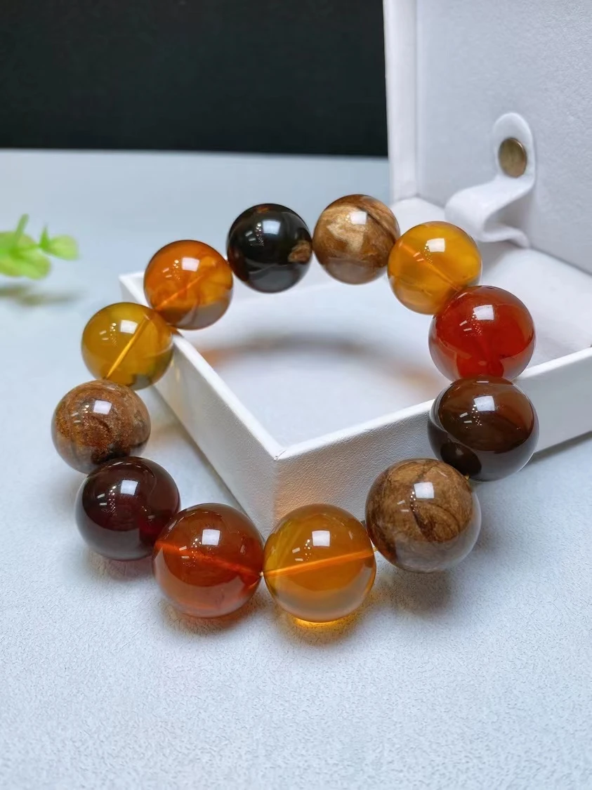 Natural Yellow Amber Red Amber Clear Round Beads Bracelet Women Men 20.2mm Stretch Big Round Black Amber Bracelet Jewelry AAAAA