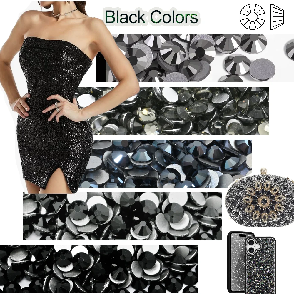 Black Series ss3-ss30 Non-Hotfix-Strass, glitzernde Glas-Flatback-Edelsteine, Kristalle für Nagelkunst-Dekoration, Strass