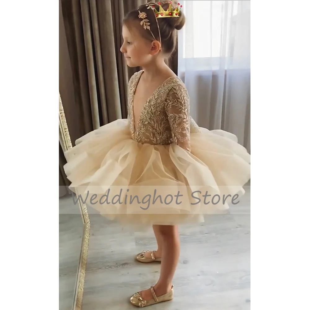 Luxury Flower Girl Dresses Beading Applique Long Sleeves Puffy   Gowns for Birthday Deep V Neck Mini Christening Gown