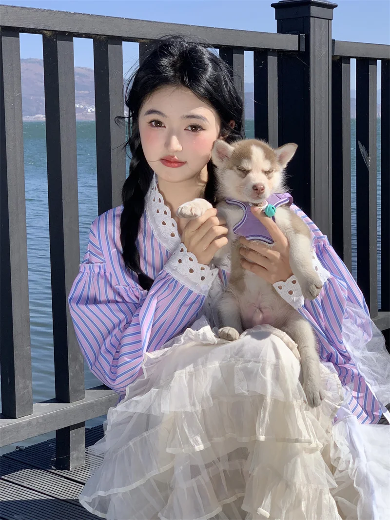 

Летняя новинка: Модная корейская свободная блузка с длинным рукавом для женщин больших размеров, с цветочным узором и завязками, омолаживающий эффект