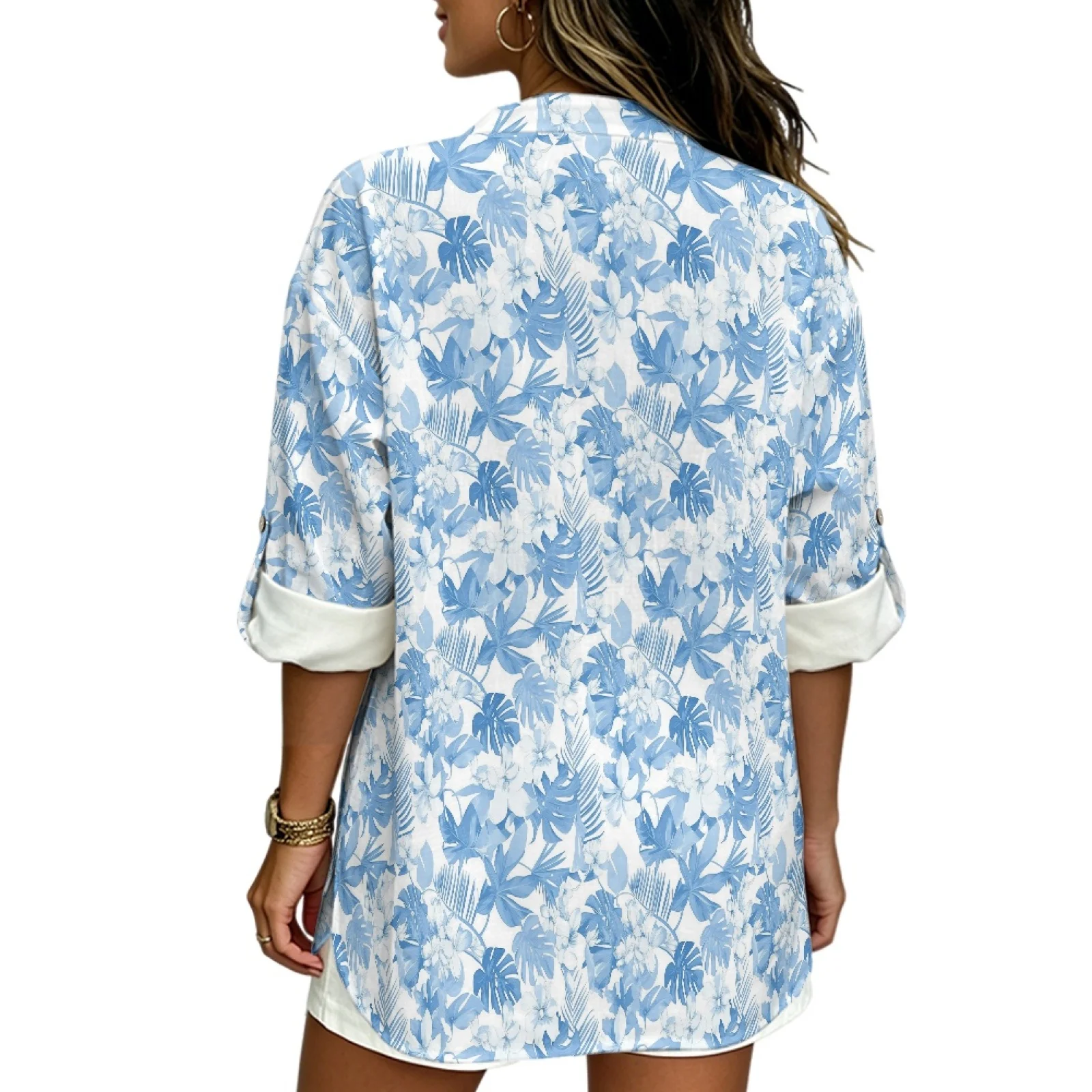 PENSTROLL Blue Tropical Leaf Print Linen Like Tunic Blouse Open Front Rolled Cuff Blouses for Women Sizes S-5XL