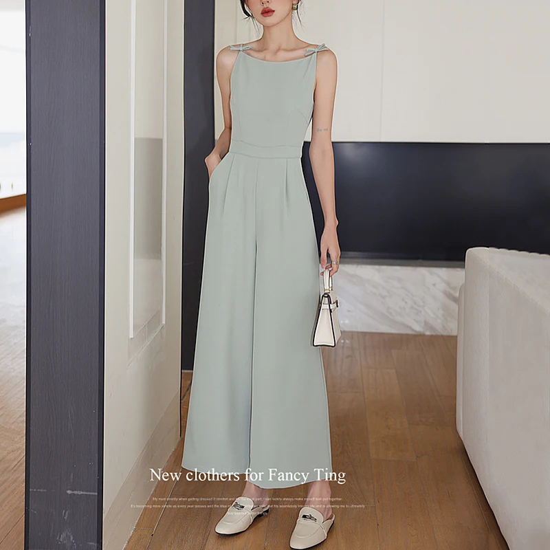 Korean Fashion Bow Jumpsuit Women Summer High Waist Sleeveless Jumpsuits Combinaison Femme Elegant Overalls