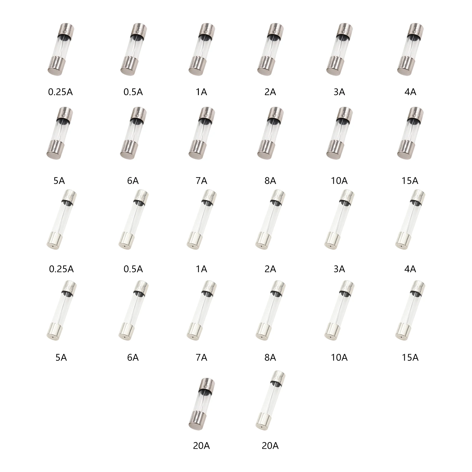 26 Values 5*20mm 6*30mm 250V Fast Blow Glass Fuse Kit 0.25/0.5/1/2/3/4/5/6/7/8/10/15/20 A Total 250 Pcs