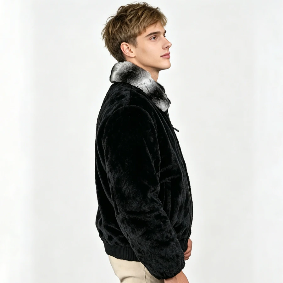 Man's Black Rabbit Fur Jacket With Chinchilla Collar Natural Fur Coat With Zipper Bomber Jacket Fashion Genuine Fur Outerwear