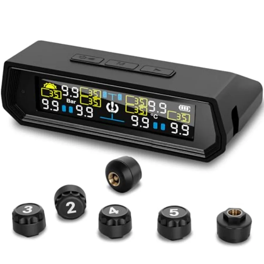 

RV Tire Prure Monitoring System with 6 Sensors and6 Alarm Modes, Tpms with Solar Charge andUSB, Auto on/Off andVoice Prompt, 0-