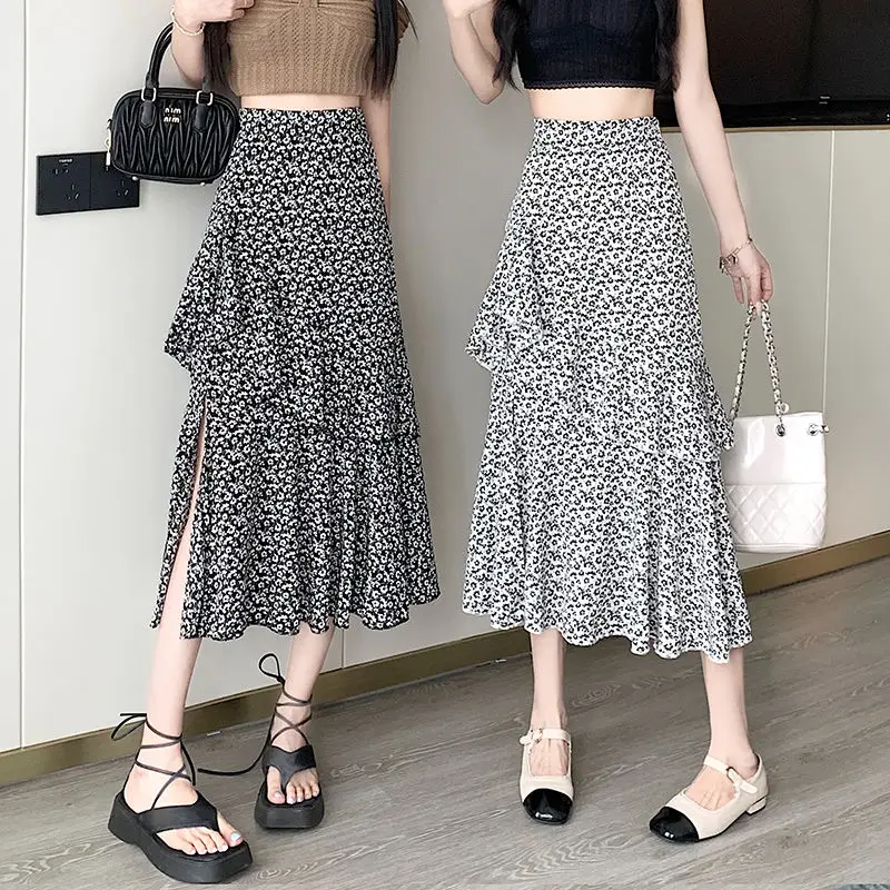 

Flower Printed Casual Long Skirt Elastic High Waisted Slim A-line Skirt Spring and Autumn Fashionable Women's Half Skirt P737