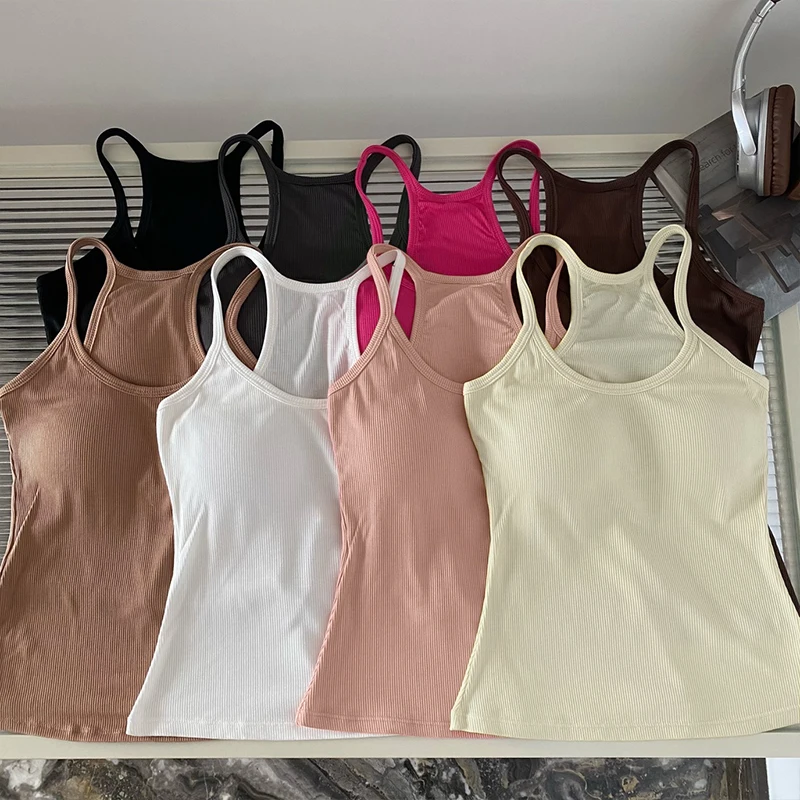 

Women's Spaghetti Strap Camisole With Breast Pad Summer American Retro Solid Color Sleeveless Slim Tank Tops