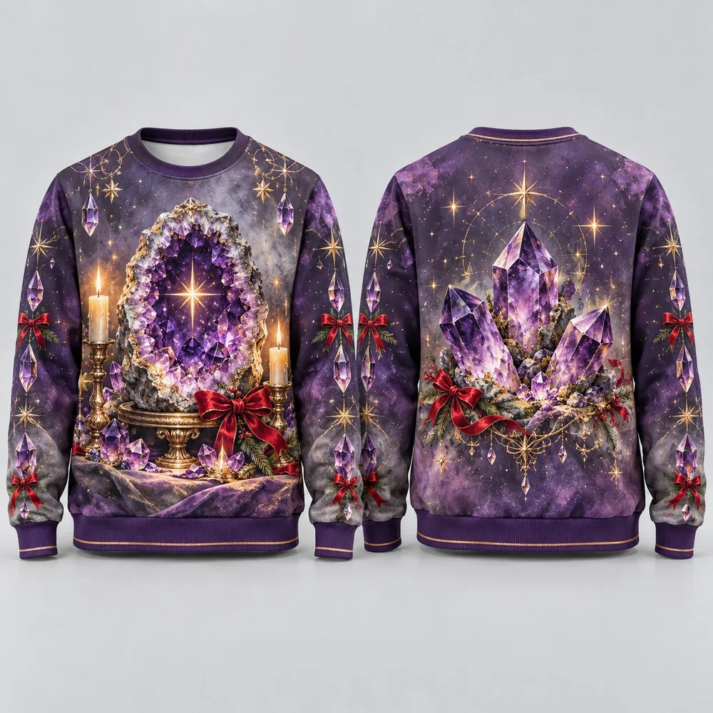 Funny Crystal Gallery Sweaters Frame Xmas Mineral Displays in an Ugly Christmas Sweater Design with Gem Facets and Gift Ribbon