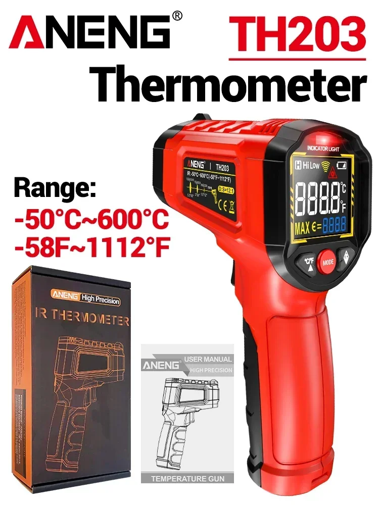 Infraroodthermometer -50~600 ℃   Digitale temperatuurmeter Contactloze pyrometer Tester IR-hygrometer Industrieel gereedschap ANENG TH203