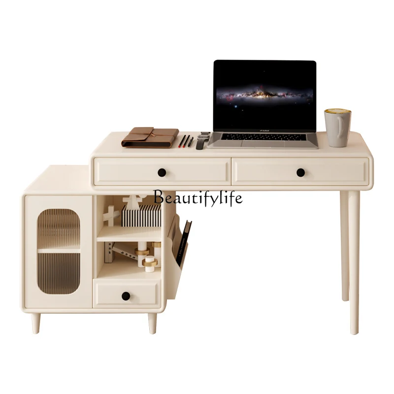 

05-Nordic all solid wood dresser modern simple telescopic makeup writing desk integrated cream style