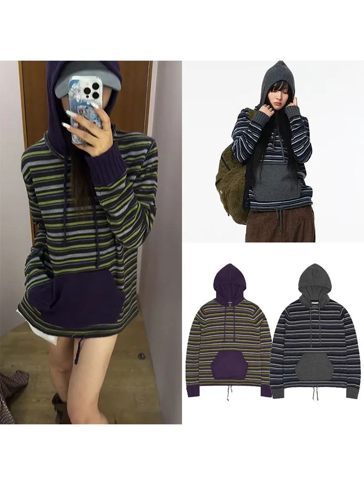 MOSA Korean Style Color Block Striped Hoodie Knitwear Pocket Contrast Color Sweater Women's Loose Fit Long Sleeve Autumn New